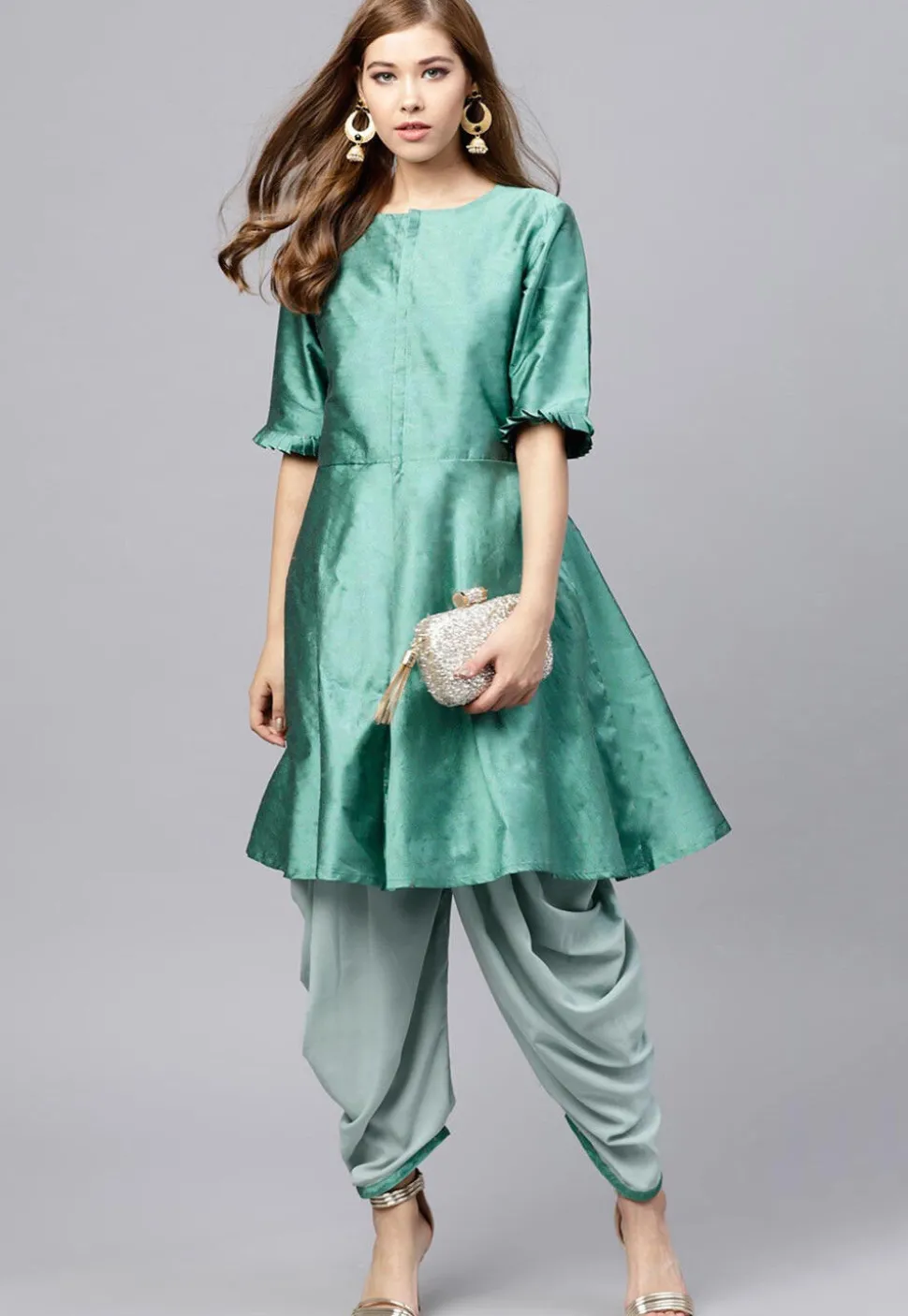 Solid Color Art Silk Kurti in Teal Green