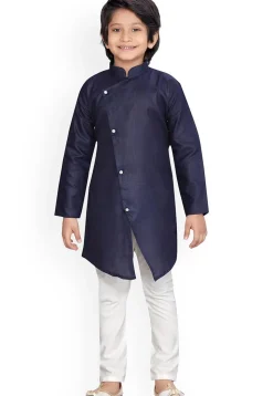 Solid Color Art Silk Kurta Set in Navy Blue