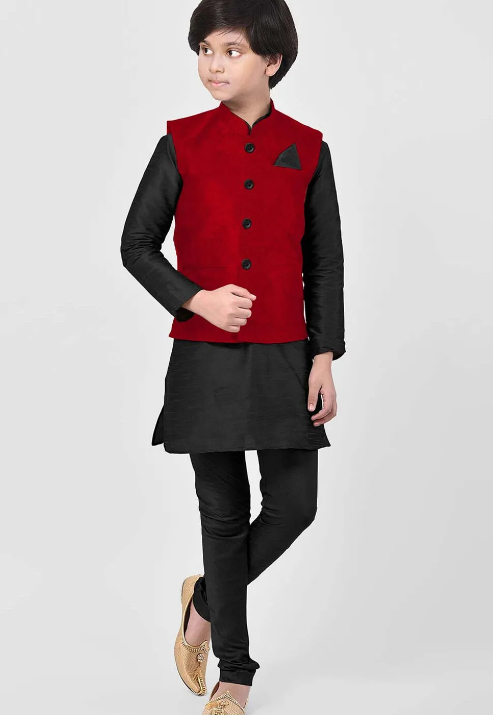 Solid Color Art Silk Kurta Jacket Set in Black and Red