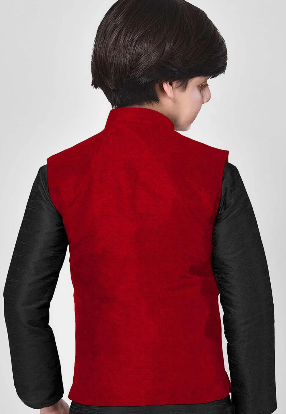 Solid Color Art Silk Kurta Jacket Set in Black and Red