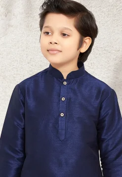 Solid Color Art Silk Kurta Set in Navy Blue and