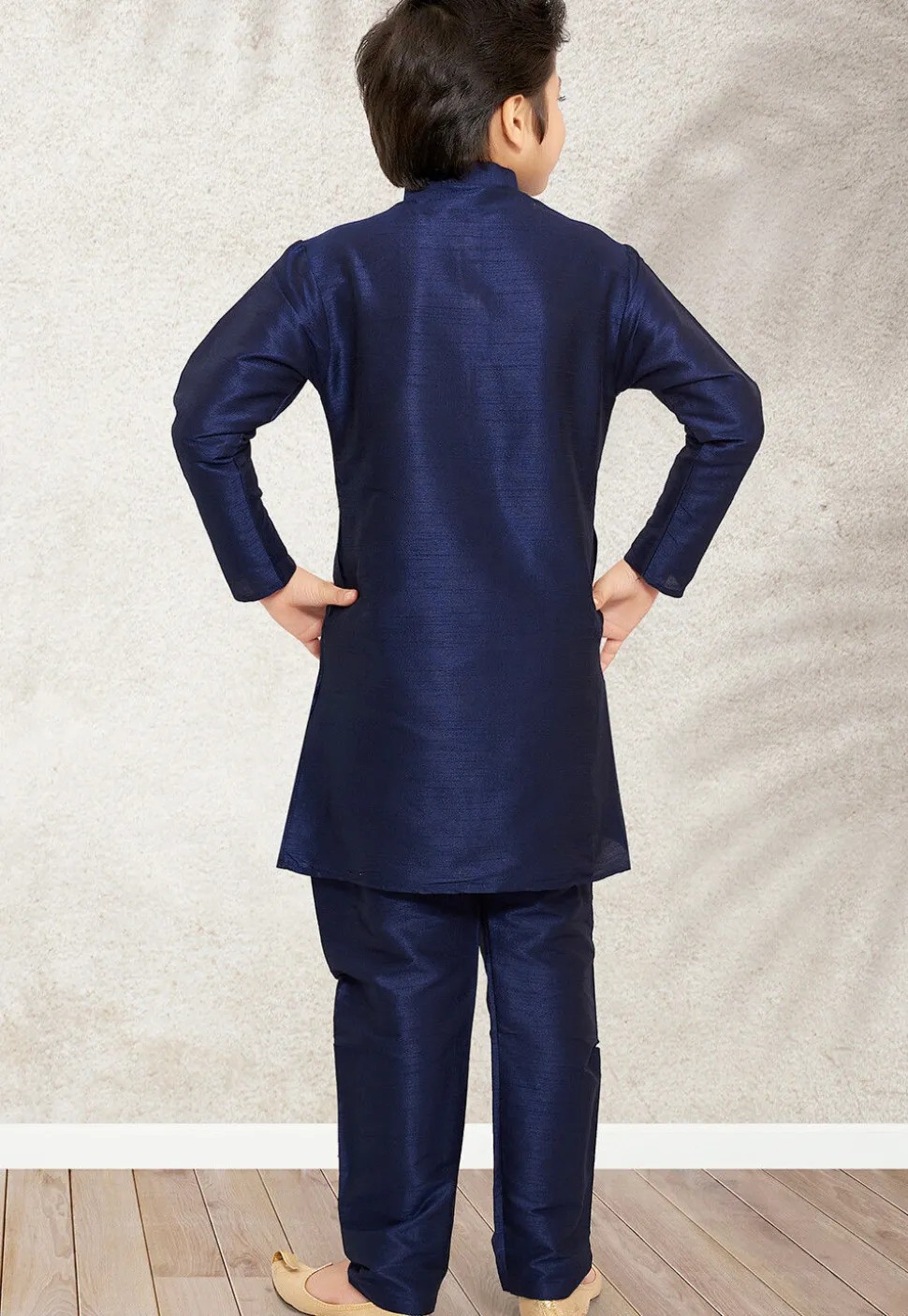 Solid Color Art Silk Kurta Set in Navy Blue and