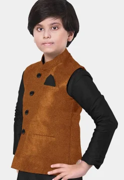Solid Color Art Silk Kurta Jacket Set in Black