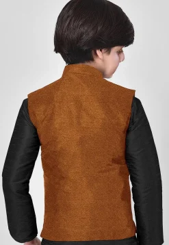 Solid Color Art Silk Kurta Jacket Set in Black