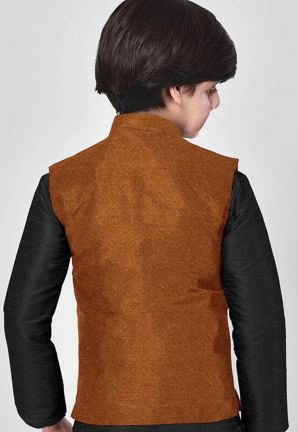 Solid Color Art Silk Kurta Jacket Set in Black