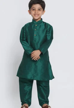 Solid Color Art Silk Kurta Set in Dark Teal Green