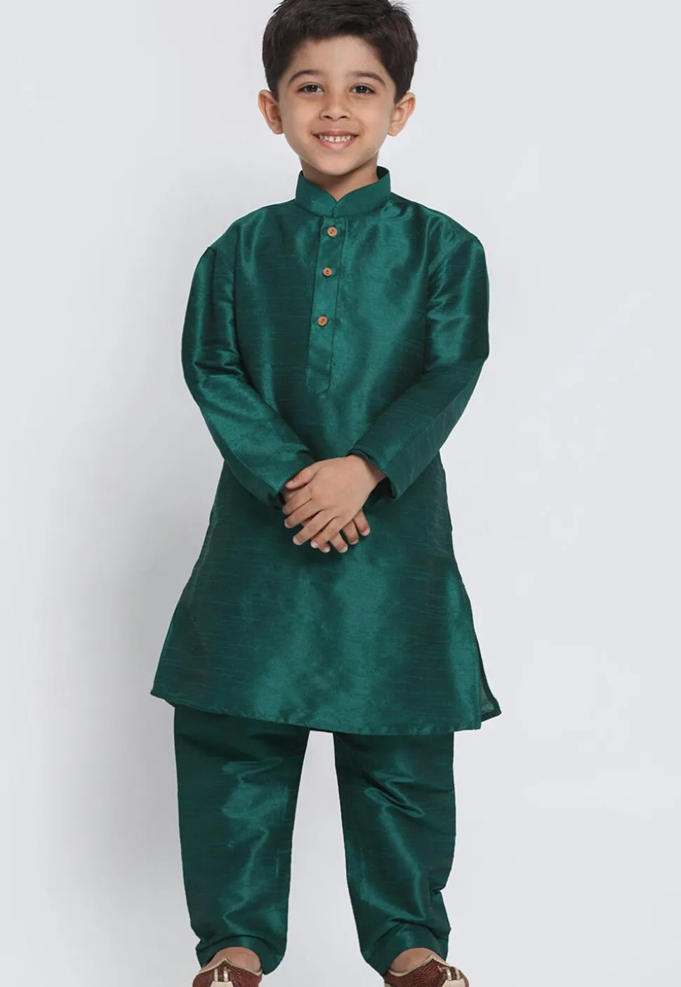 Solid Color Art Silk Kurta Set in Dark Teal Green