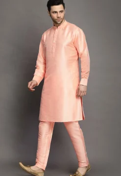 Solid Color Art Silk Kurta Set in Peach