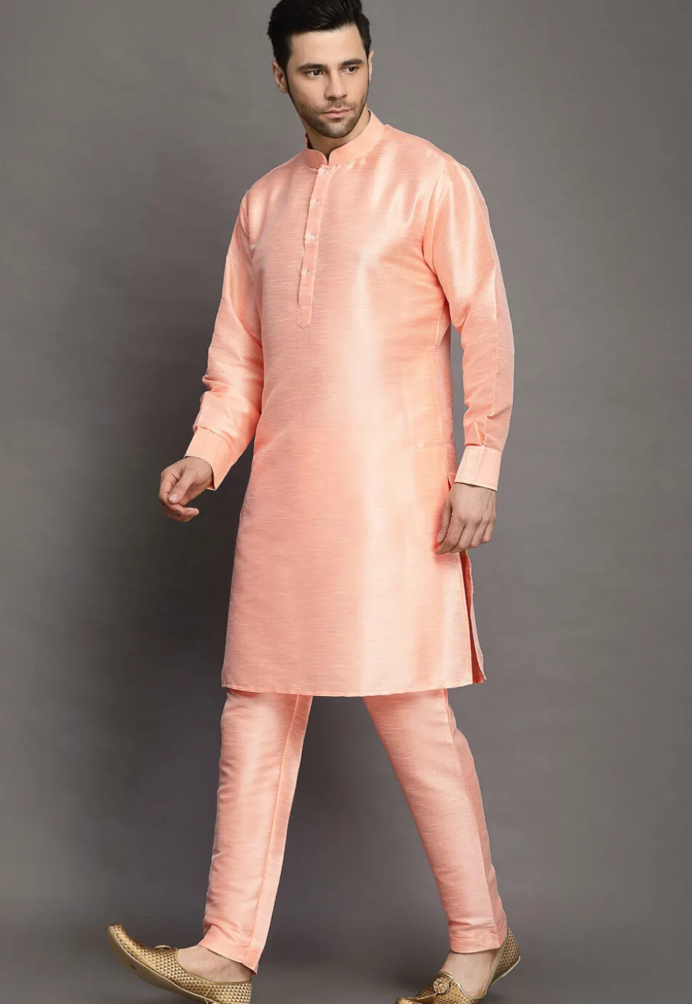 Solid Color Art Silk Kurta Set in Peach