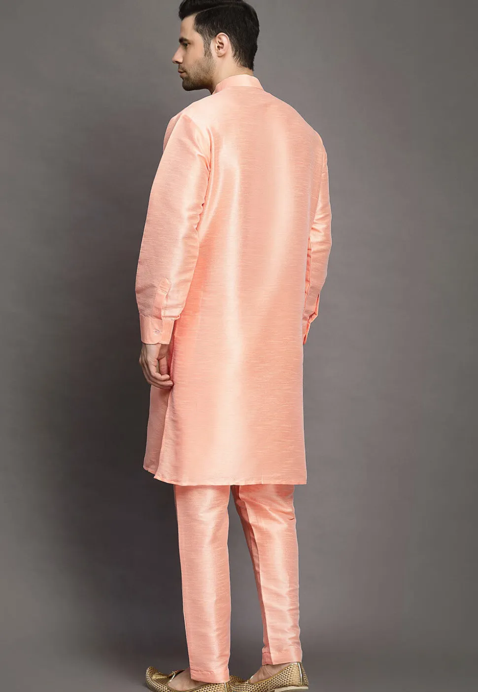 Solid Color Art Silk Kurta Set in Peach