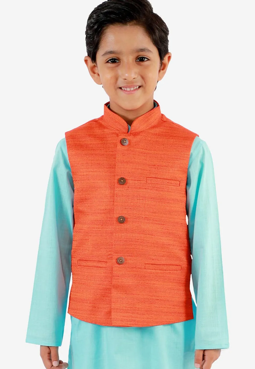 Solid Color Art Silk Nehru Jacket in Orange