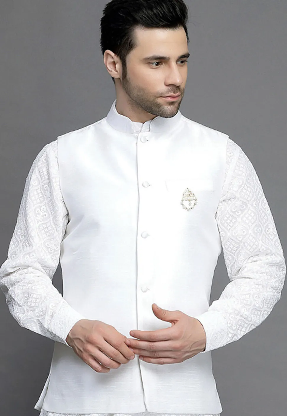 Solid Color Art Silk Nehru Jacket in White