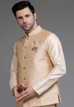 Solid Color Art Silk Nehru Jacket in Beige