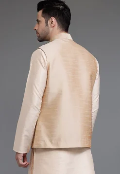 Solid Color Art Silk Nehru Jacket in Beige