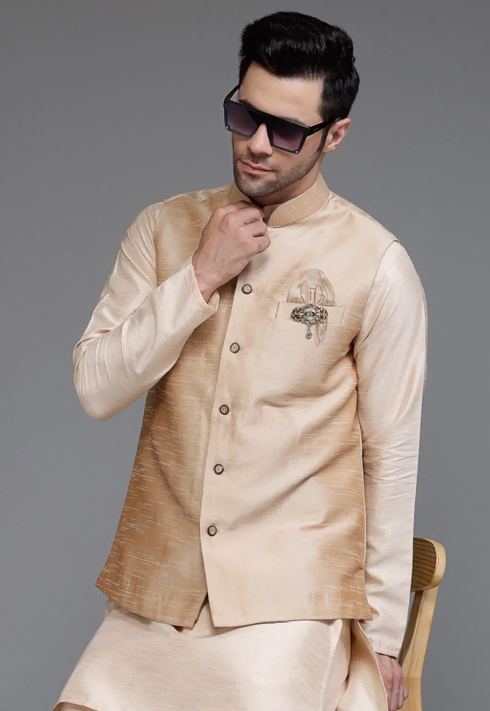 Solid Color Art Silk Nehru Jacket in Beige