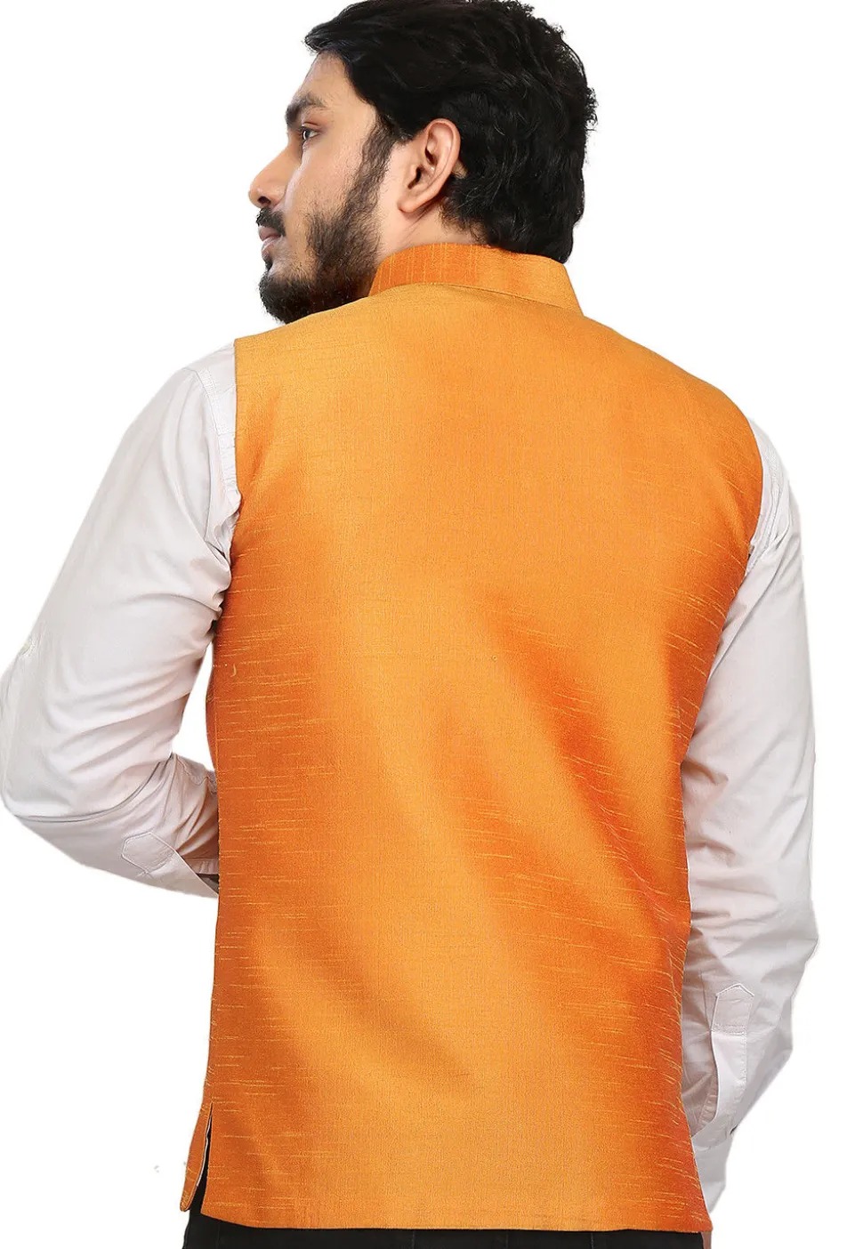 Solid Color Art Silk Nehru Jacket in Orange