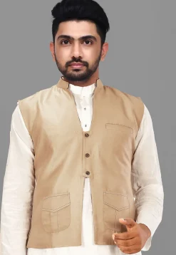 Solid Color Art Silk Nehru Jacket in Beige