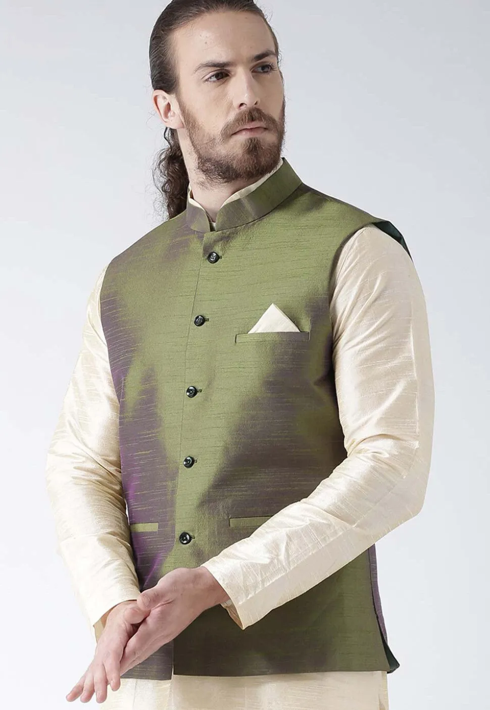 Solid Color Art Silk Nehru Jacket in Olive Green