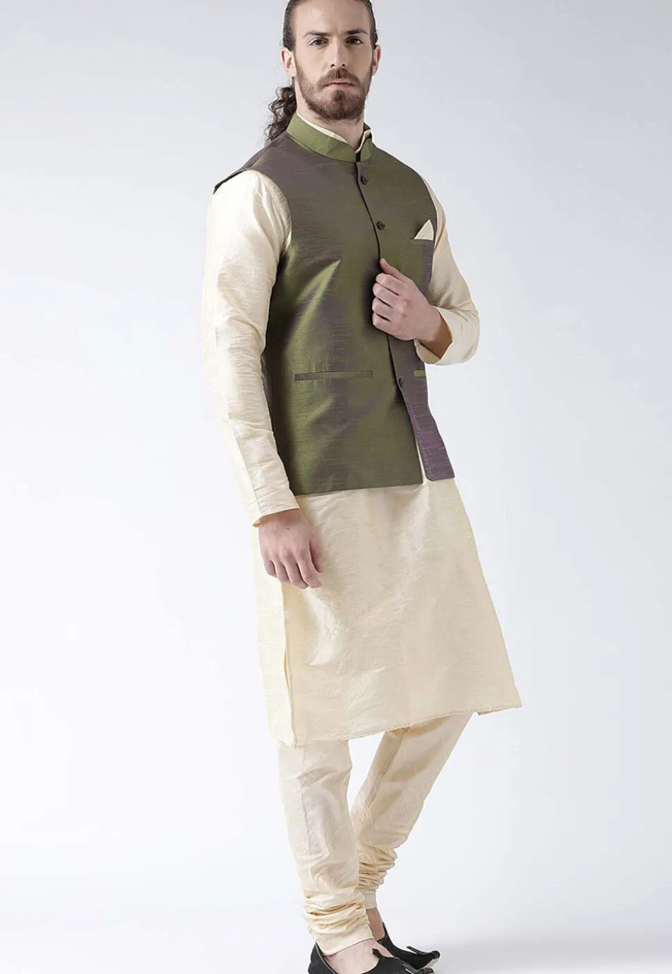 Solid Color Art Silk Nehru Jacket in Olive Green