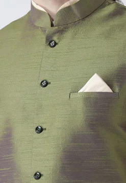 Solid Color Art Silk Nehru Jacket in Olive Green