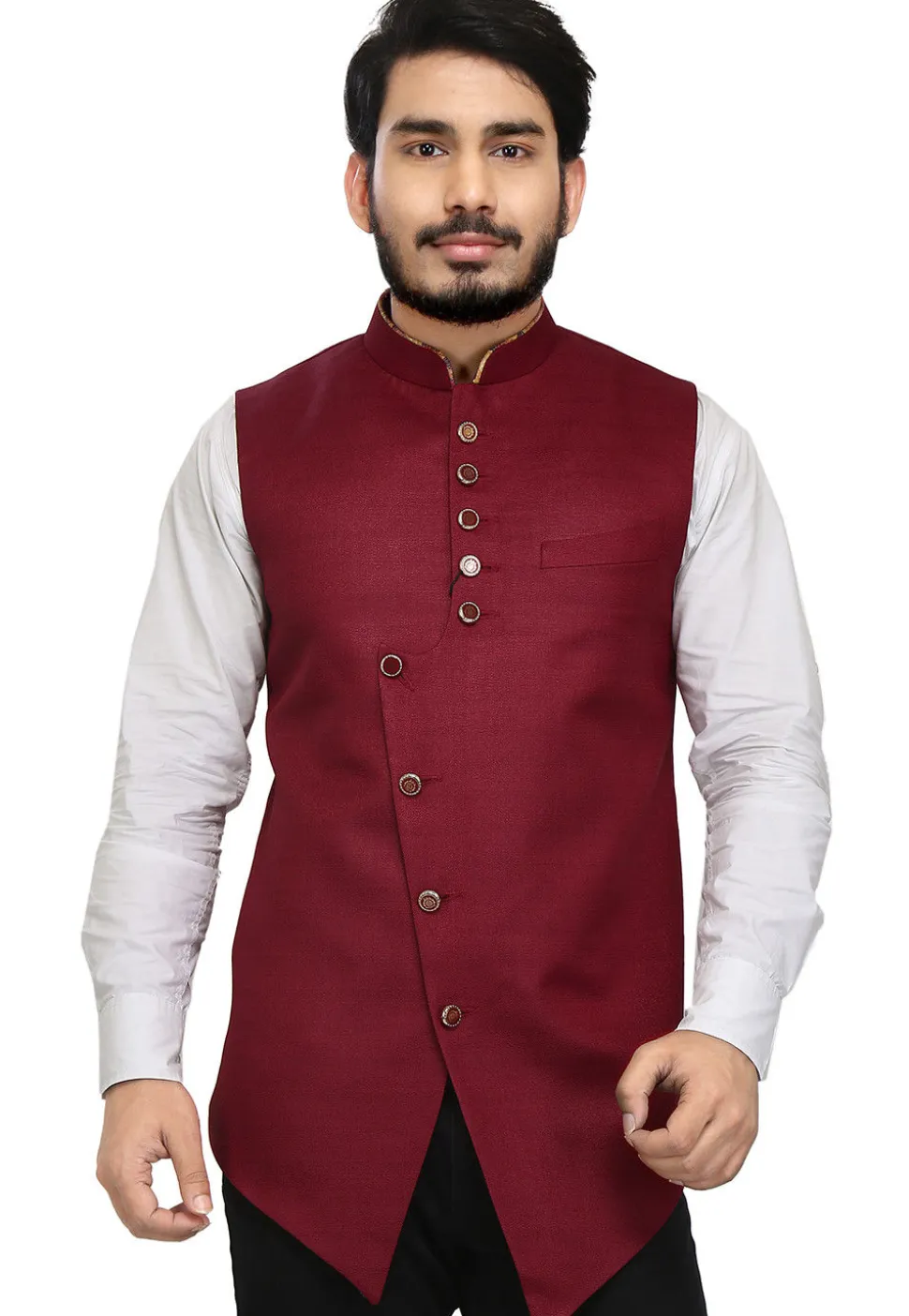 Solid Color Art Silk Nehru Jacket in Maroon
