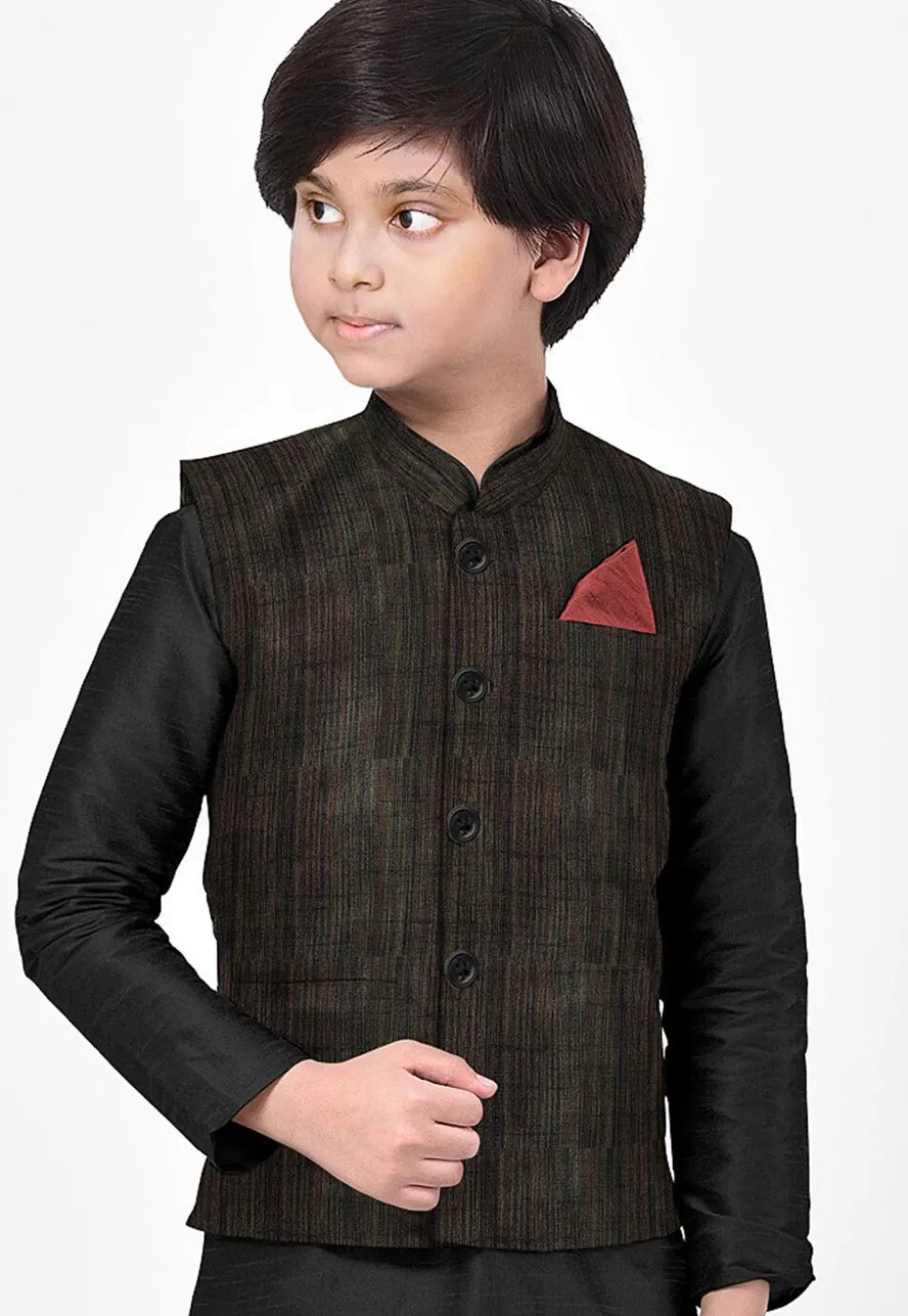 Solid Color Art Silk Nehru Jacket in Black