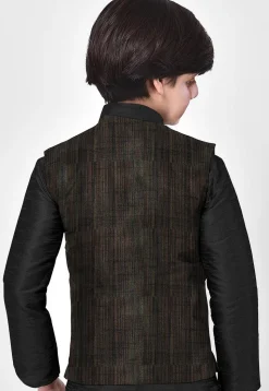 Solid Color Art Silk Nehru Jacket in Black