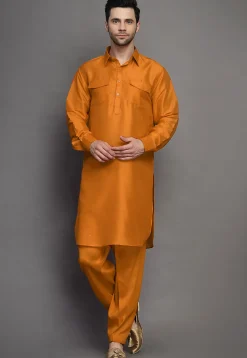 Solid Color Art Silk Paithani Suit in Orange