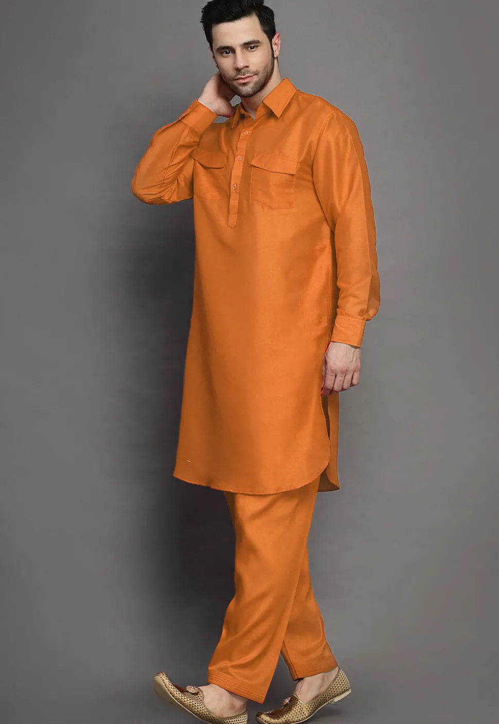 Solid Color Art Silk Paithani Suit in Orange