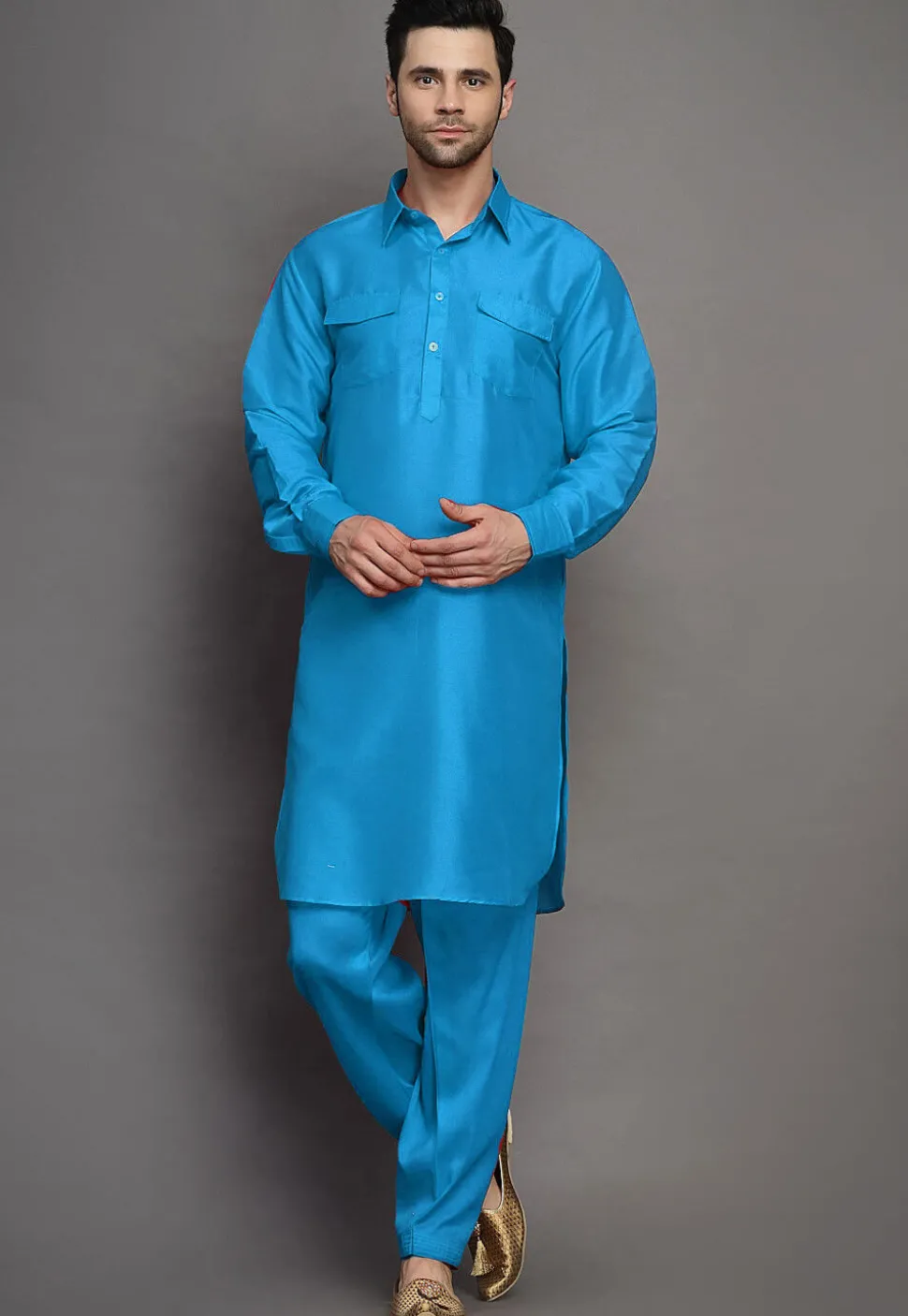 Solid Color Art Silk Paithani Suit in Blue