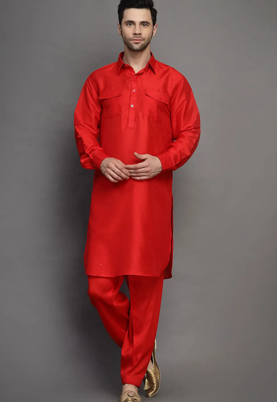 Solid Color Art Silk Paithani Suit in Red