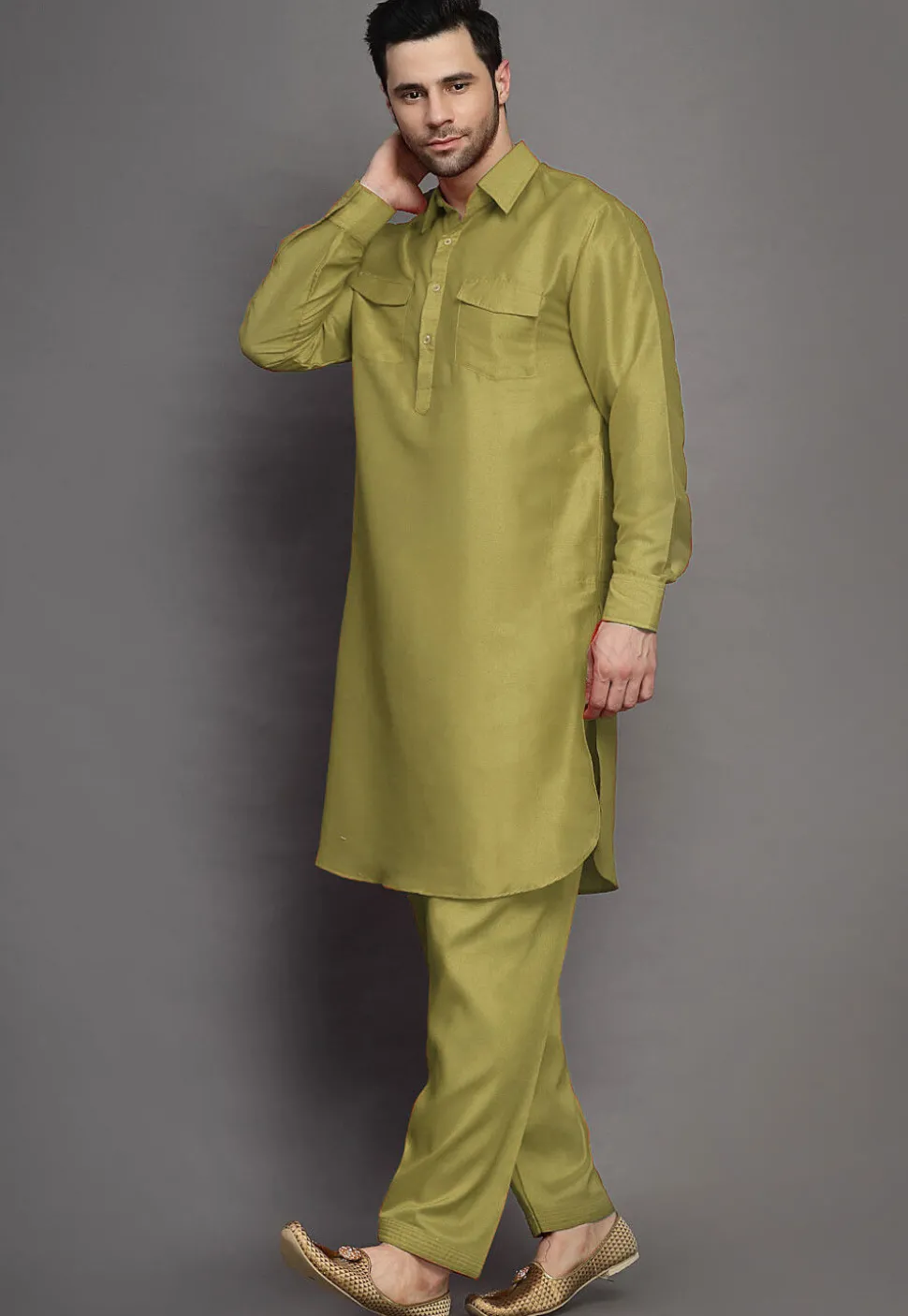 Solid Color Art Silk Paithani Suit in Olive Green