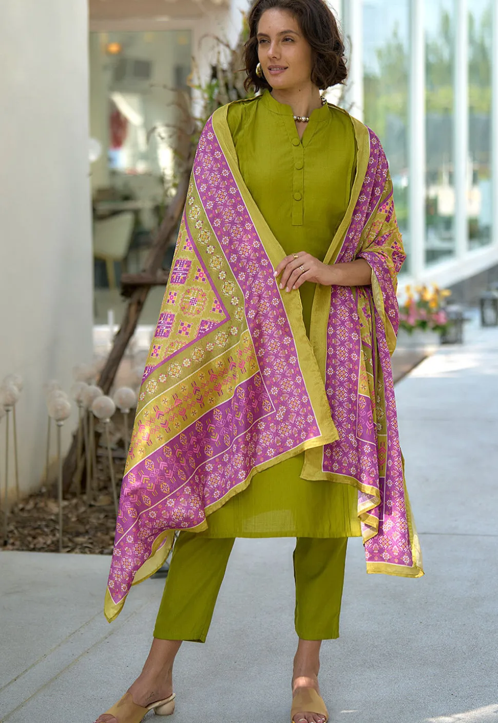 Solid Color Art Silk Pakistani Suit in Light Green