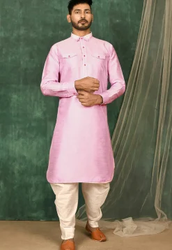 Solid Color Art Silk Pathani Suit in Pink