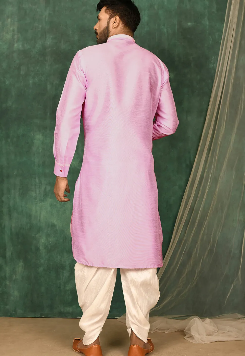 Solid Color Art Silk Pathani Suit in Pink