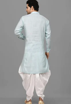 Solid Color Art Silk Pathani Suit in Light Blue