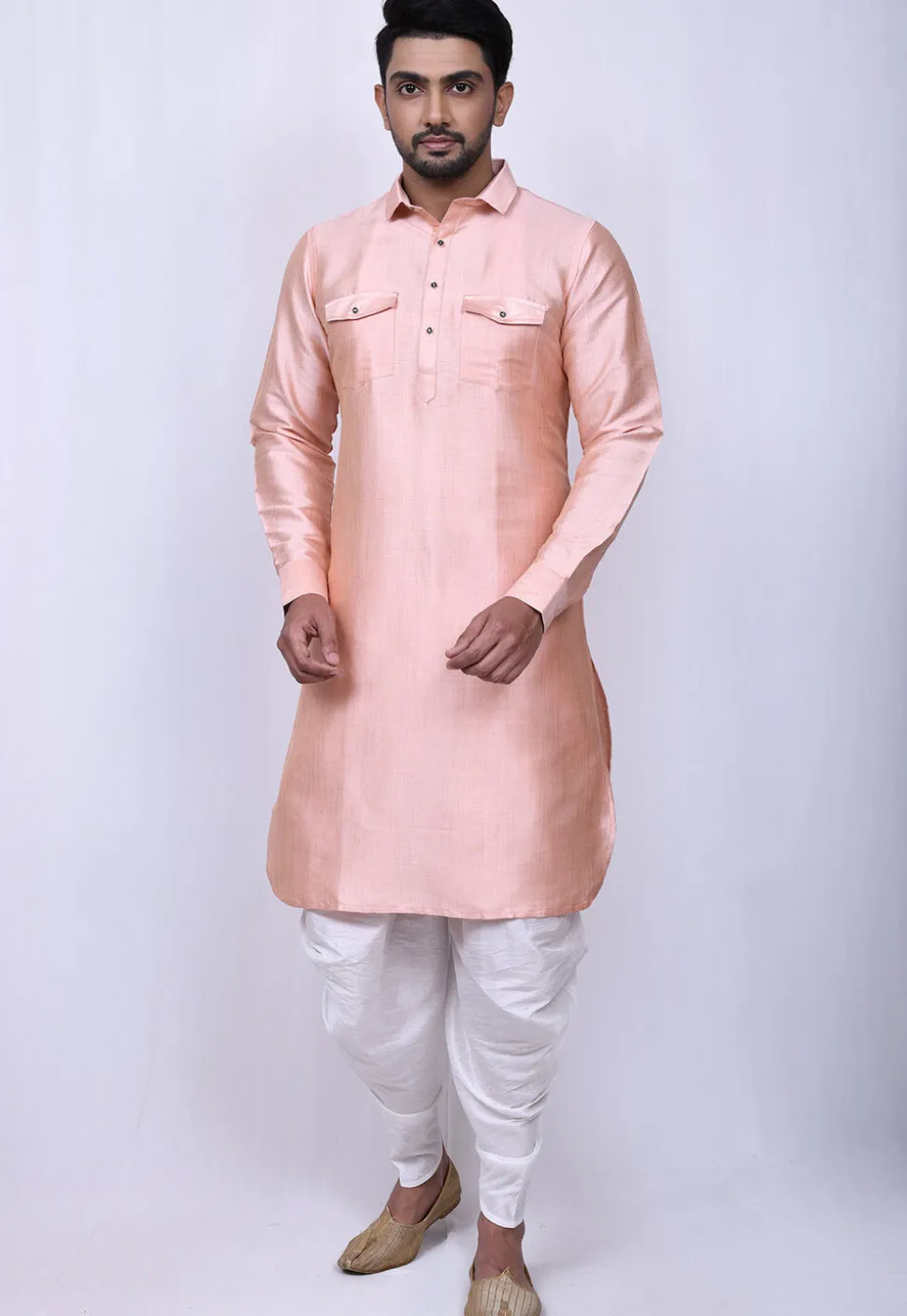 Solid Color Art Silk Pathani Suit in Peach
