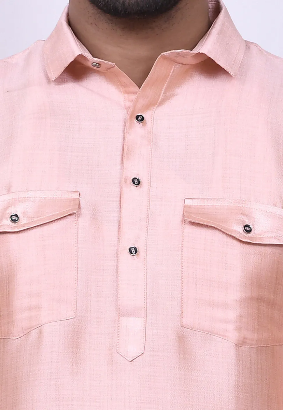 Solid Color Art Silk Pathani Suit in Peach