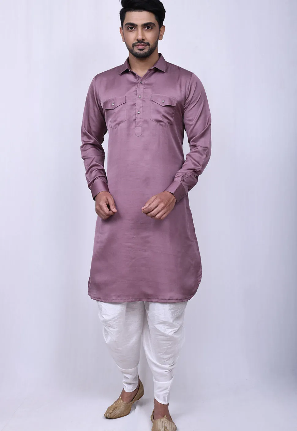 Solid Color Art Silk Pathani Suit in Dusty Purple