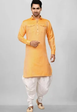 Solid Color Art Silk Pathani Suit in Mustard