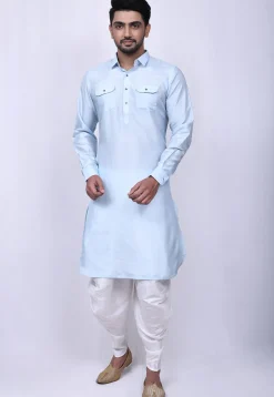 Solid Color Art Silk Pathani Suit in Sky Blue