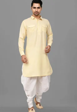 Solid Color Art Silk Pathani Suit in Light Yellow