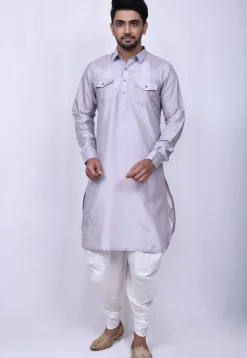 Solid Color Art Silk Pathani Suit in Light Grey