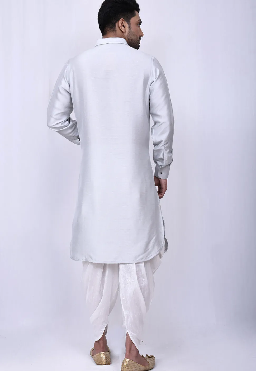 Solid Color Art Silk Pathani Suit in Light Grey