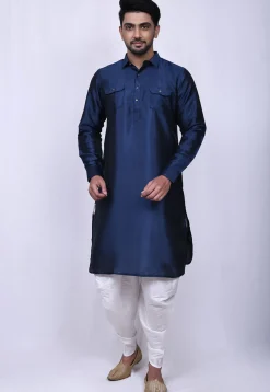 Solid Color Art Silk Pathani Suit in Dark Blue