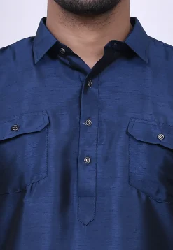 Solid Color Art Silk Pathani Suit in Dark Blue