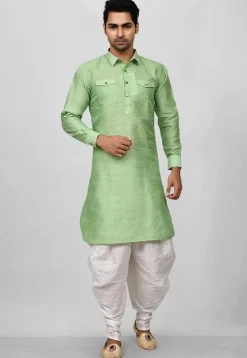 Solid Color Art Silk Pathani Suit in Light Green