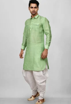 Solid Color Art Silk Pathani Suit in Light Green