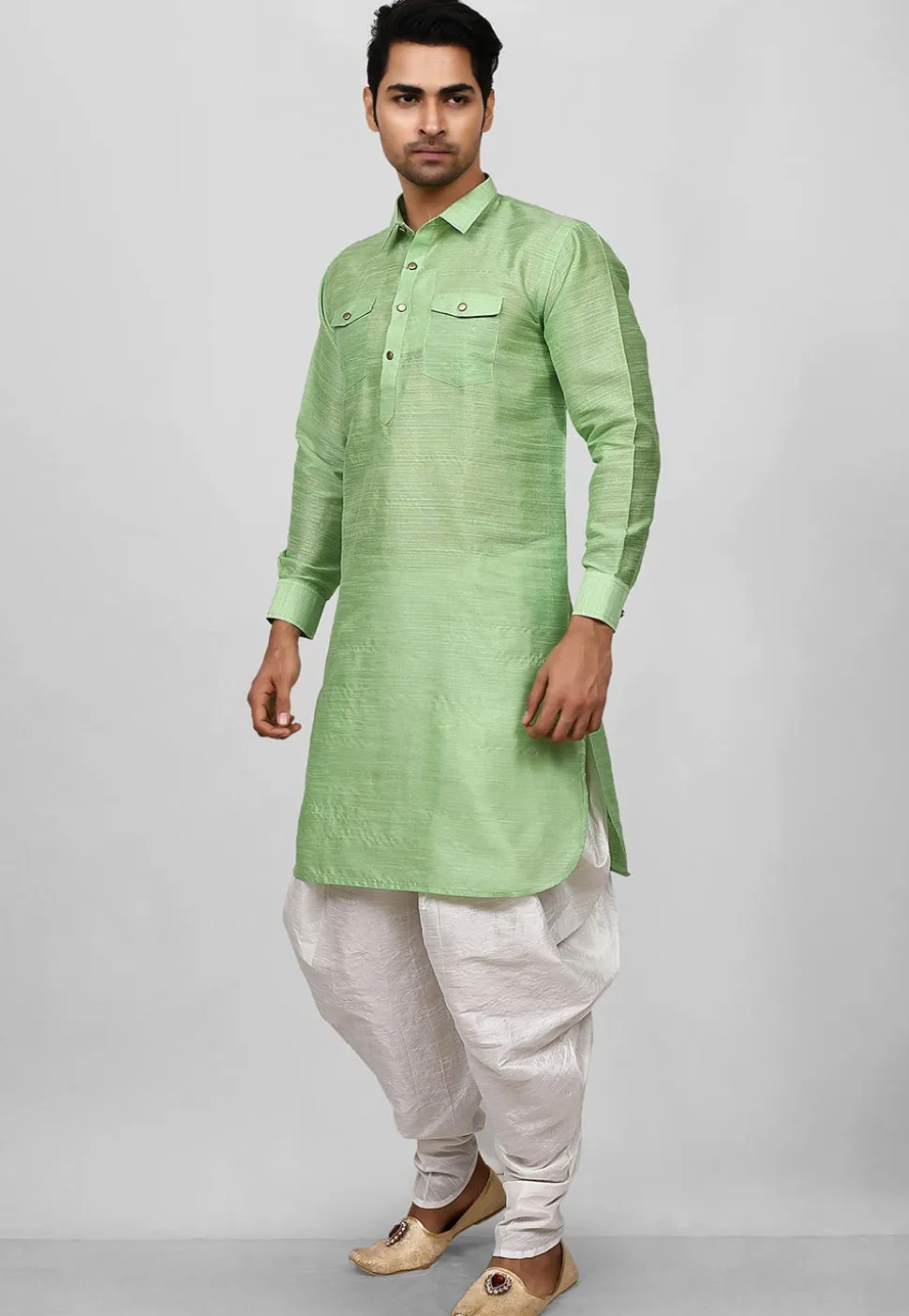 Solid Color Art Silk Pathani Suit in Light Green