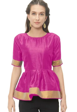 Solid Color Art Silk Peplum Blouse in Fuchsia